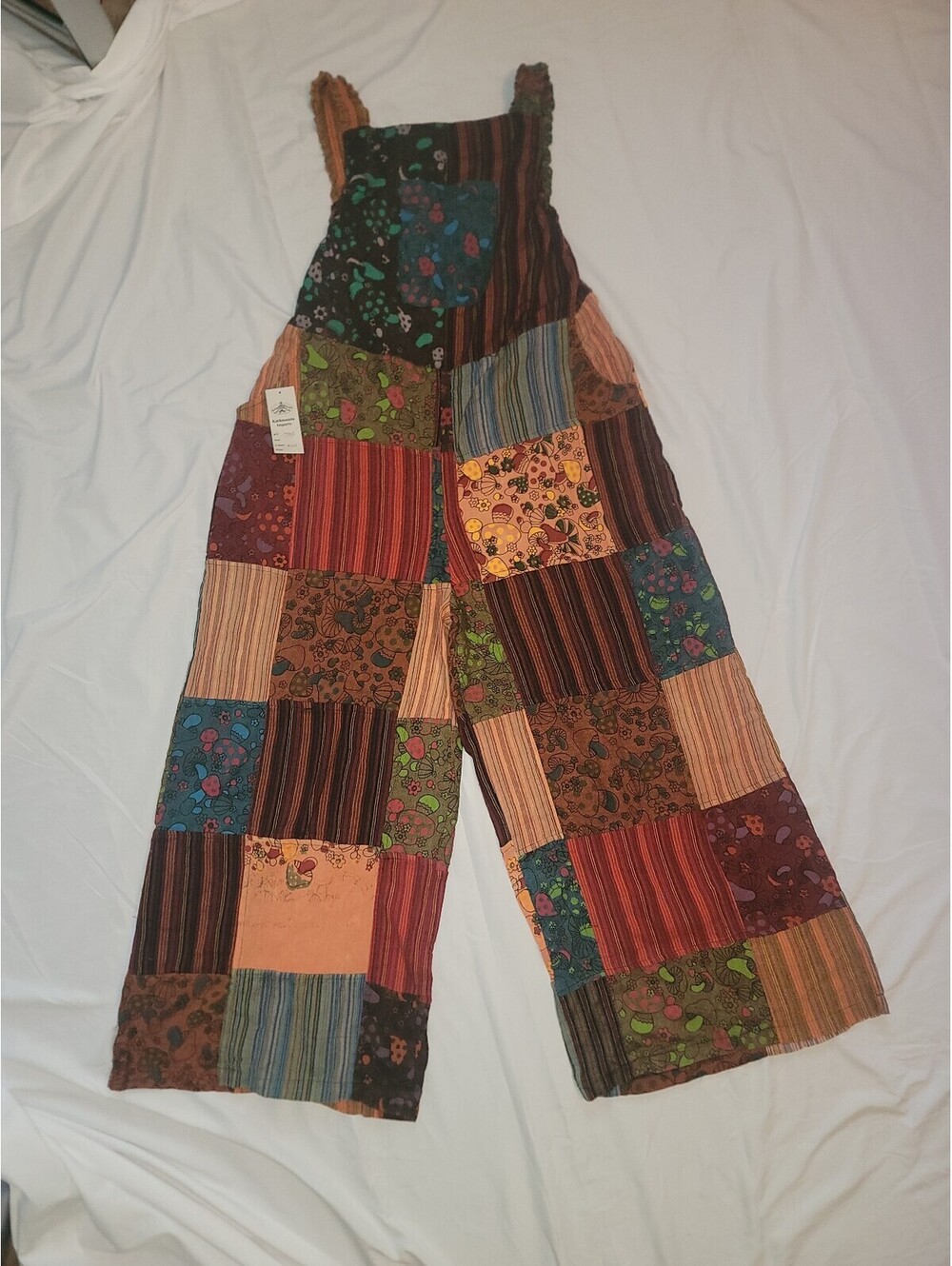 Kathmandu Patchwork Overalls Jumpsuit Rust Mushroom Boho Wide Leg Cotton NWT